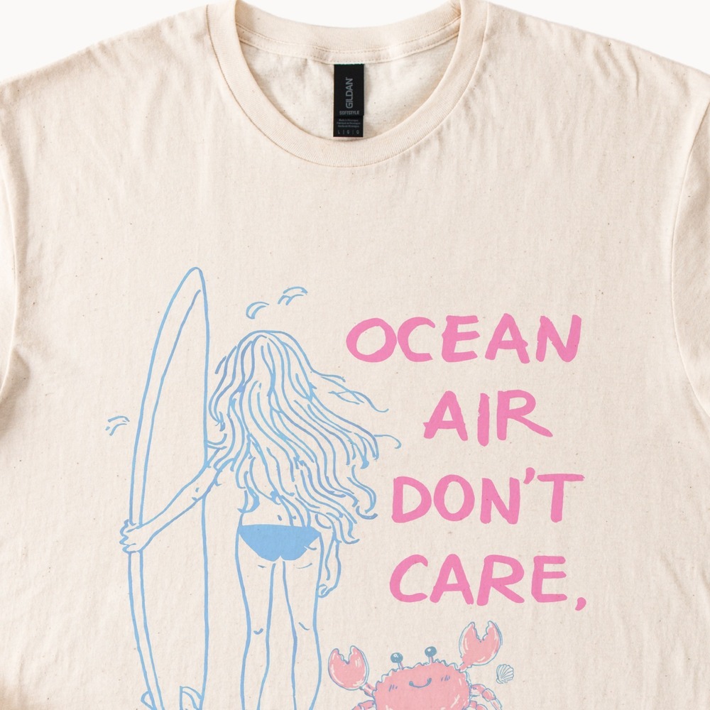 Ocean Air Don't Care Beach Graphic Tee Surfboard Crab Design